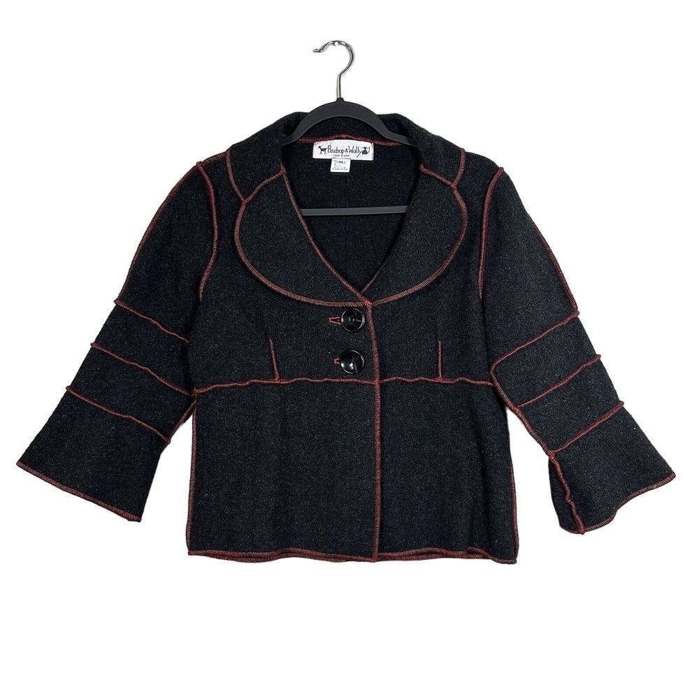 Beebop & Wally Medium Jacket Gray Red 3/4 Sleeve Contrast Stitch Bell Sleeve